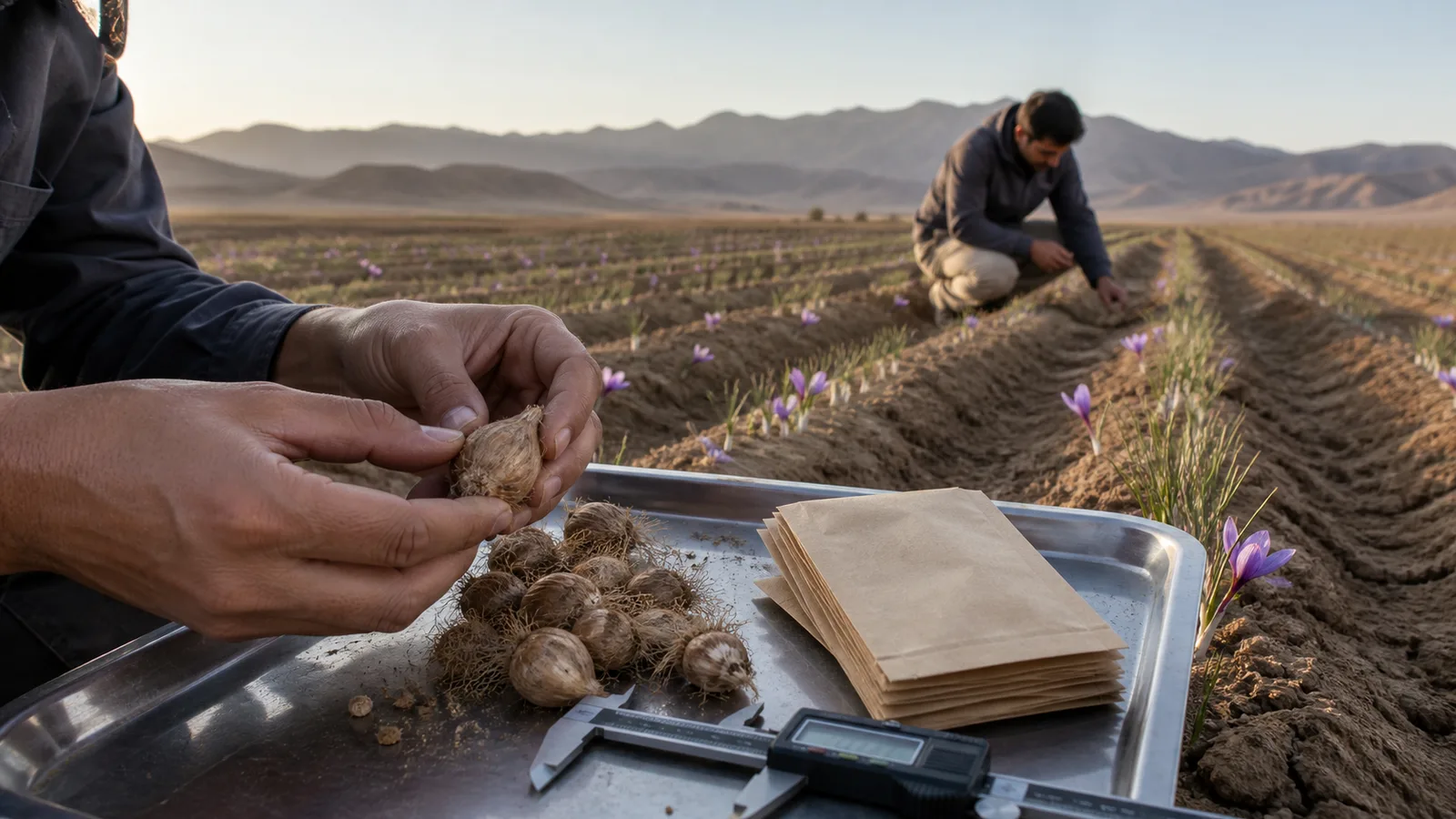 Agricultural inspector examining saffron corms beside a cultivated field