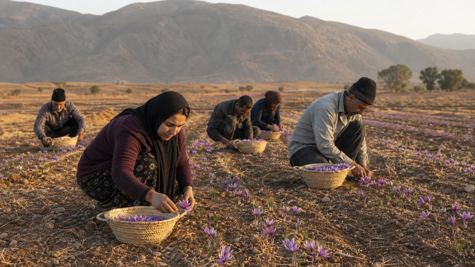 Farmers hand-harvesting saffron flowers in a dry Gachsaran field