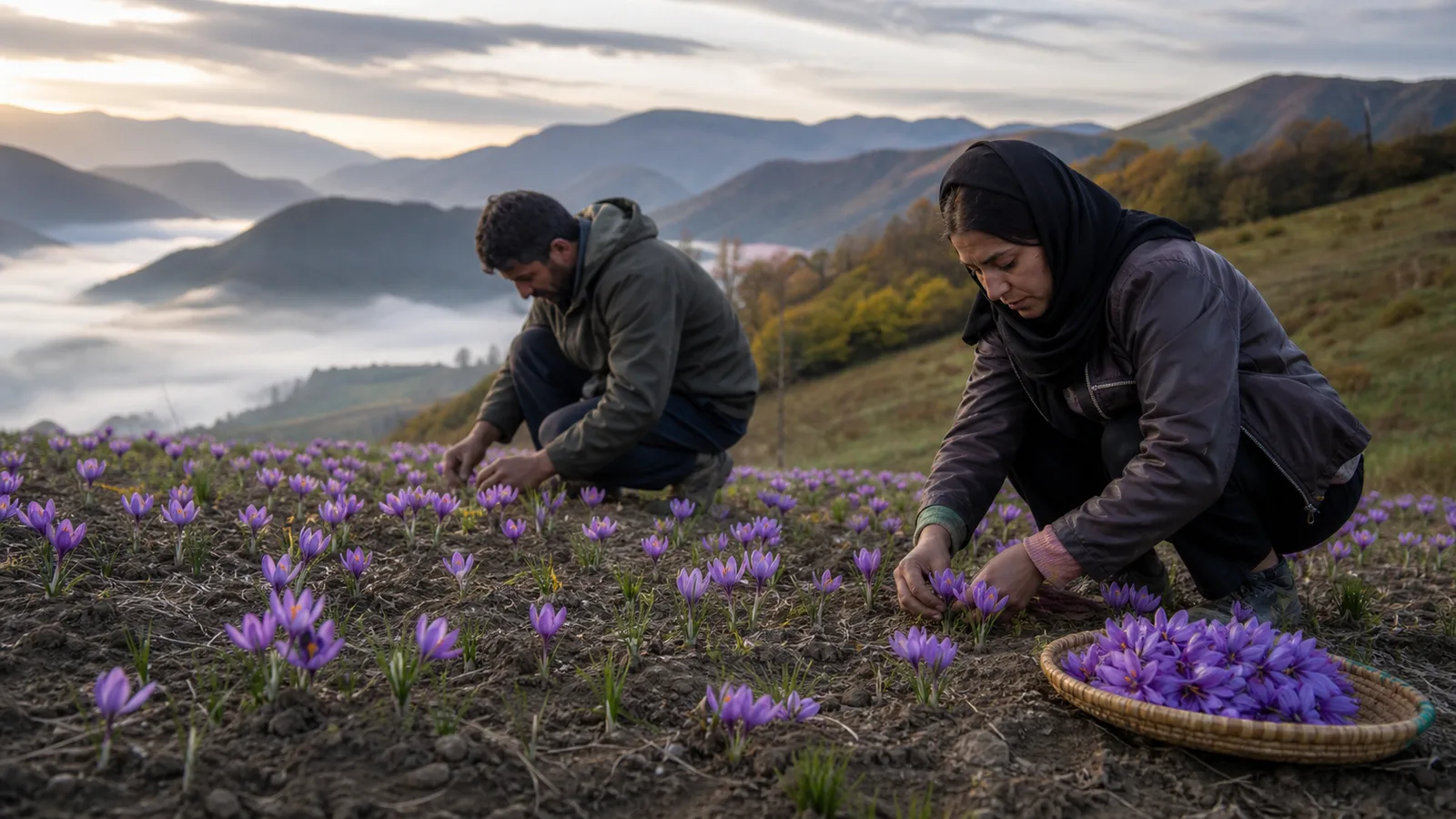 Farmers harvesting saffron flowers on a mountain field in Gilan