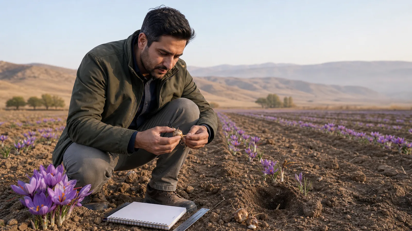 Malayer saffron grower inspecting a corm and field damage