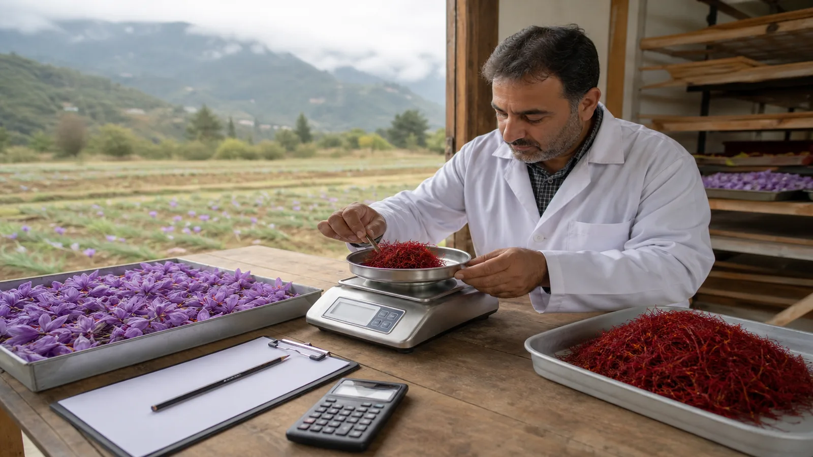 Horticulture specialist weighing saffron from a Gilan mountain harvest