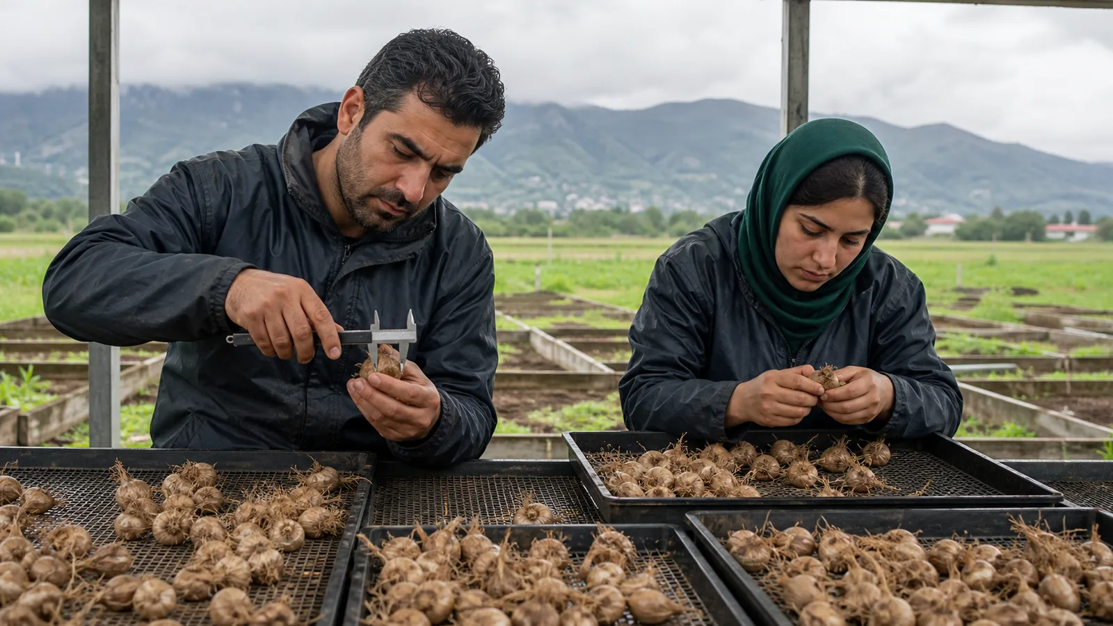 Gilan horticulture workers measuring and inspecting saffron corms