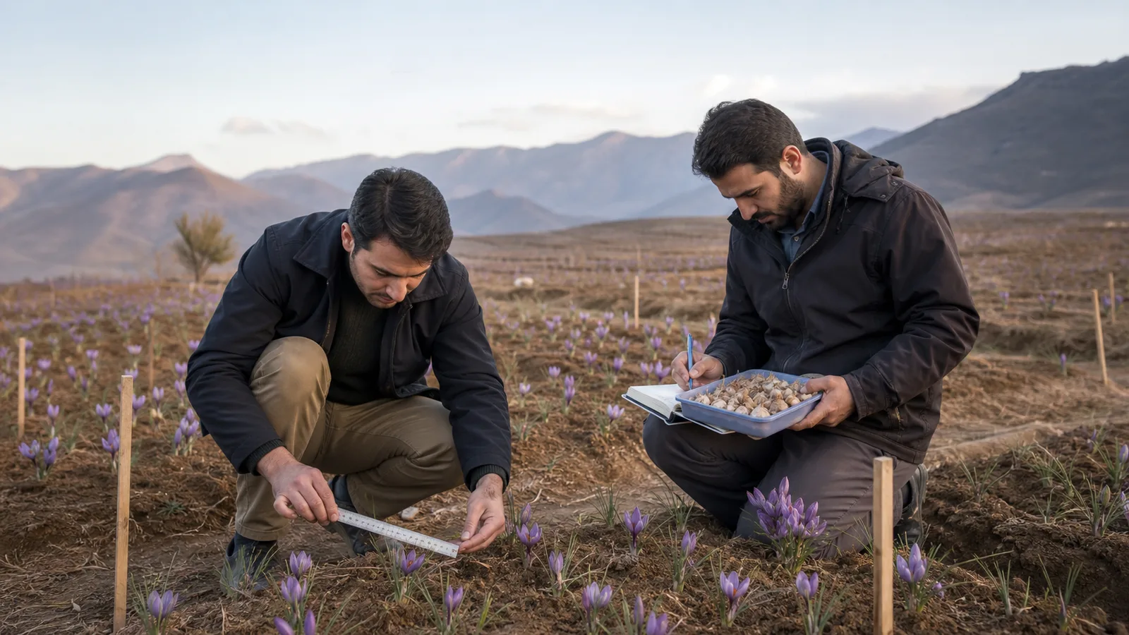 Agronomists measuring saffron spacing and recording field trial data