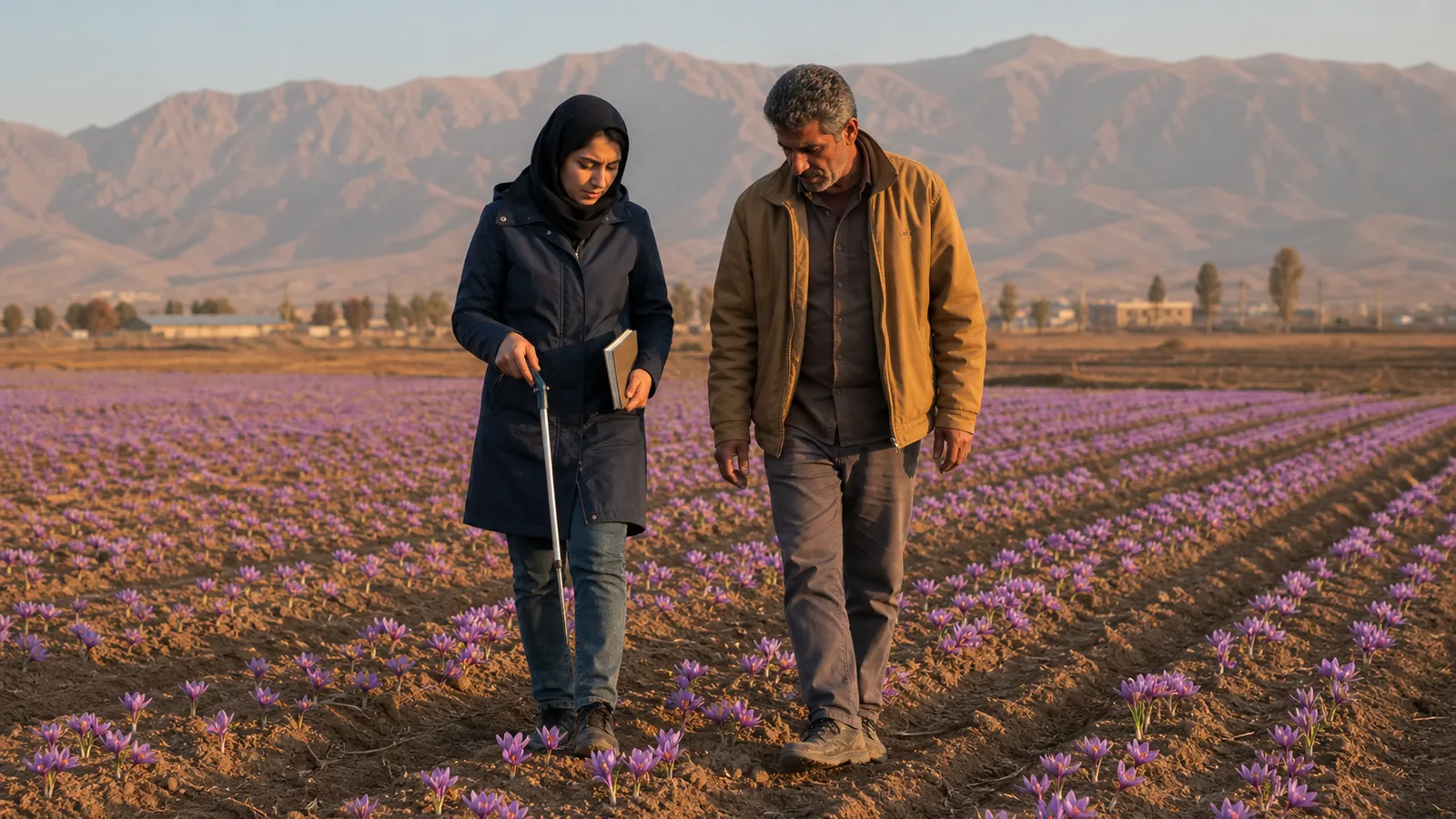 Agronomist and farmer inspecting a saffron field in Alborz province