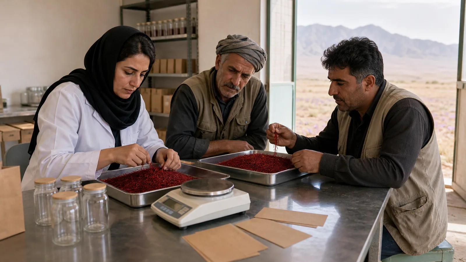 Darmiyan growers and quality specialist inspecting saffron lots