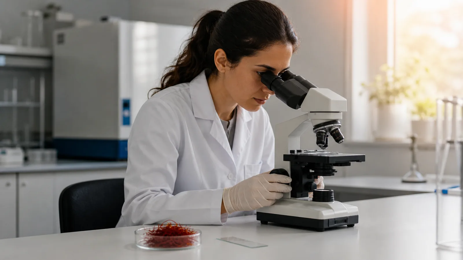 Researcher examining a microscope slide beside a saffron sample