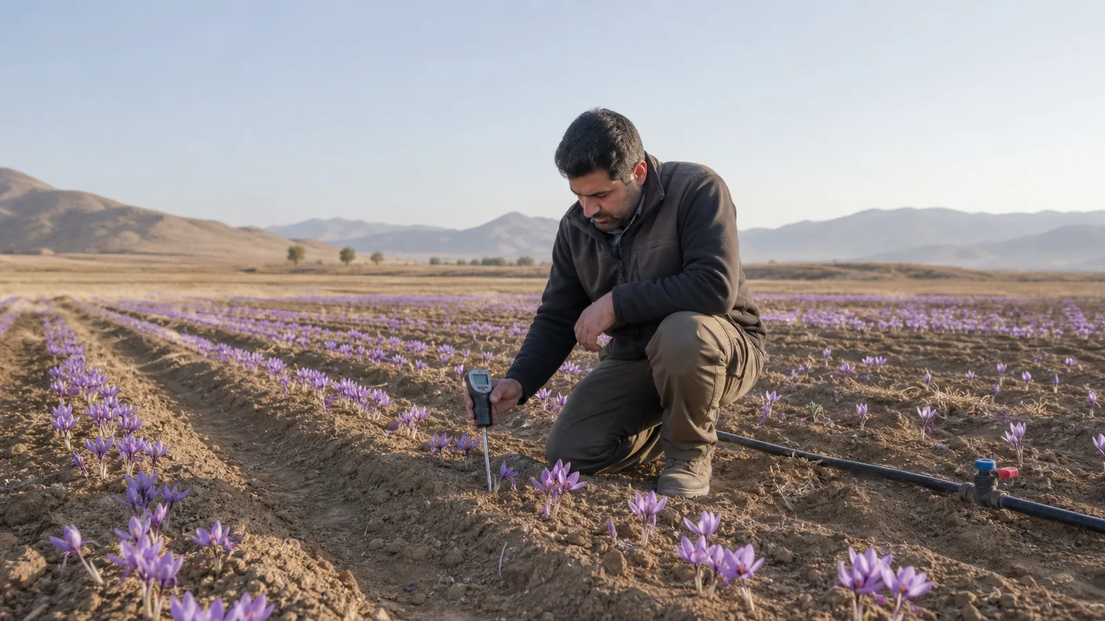 Agronomist checking soil moisture in a flowering saffron field