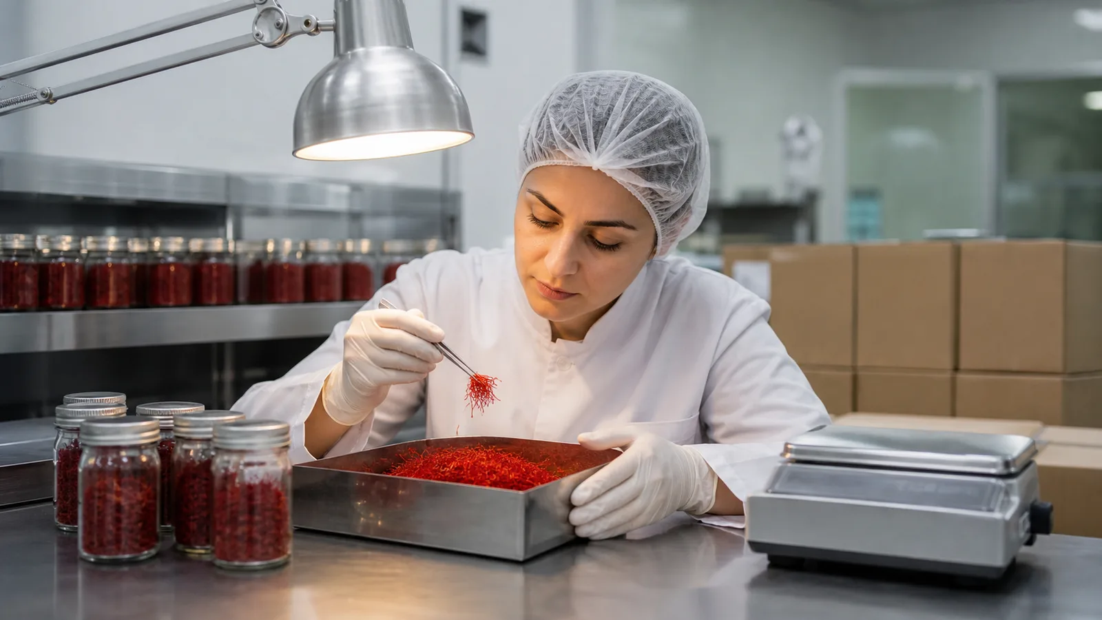 Quality specialist inspecting saffron in a clean processing facility
