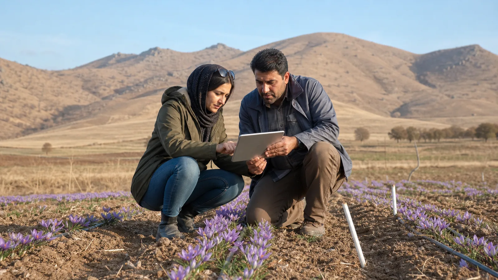 Agricultural adviser discussing a saffron field plan with a grower