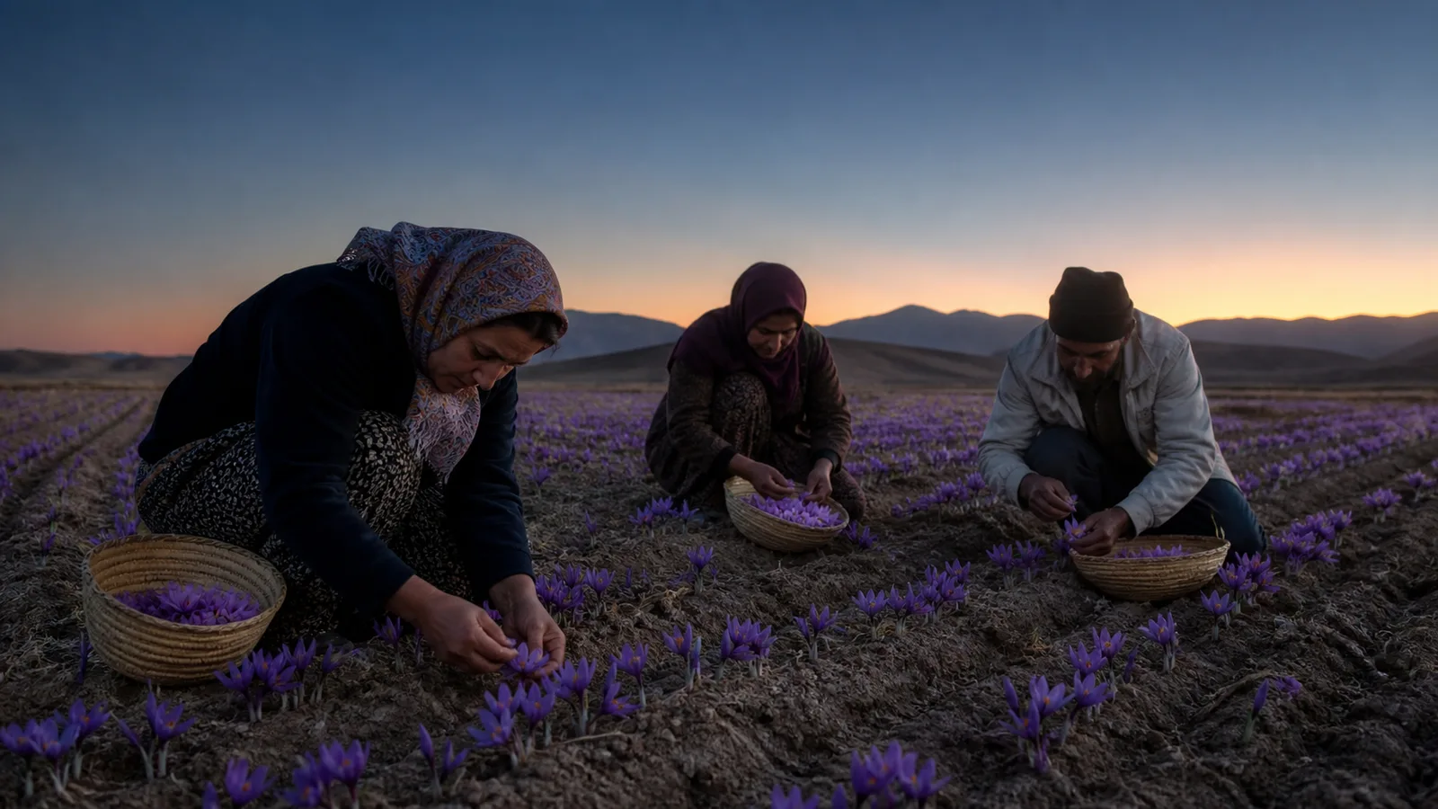 Growers picking saffron flowers before sunrise in Zarand