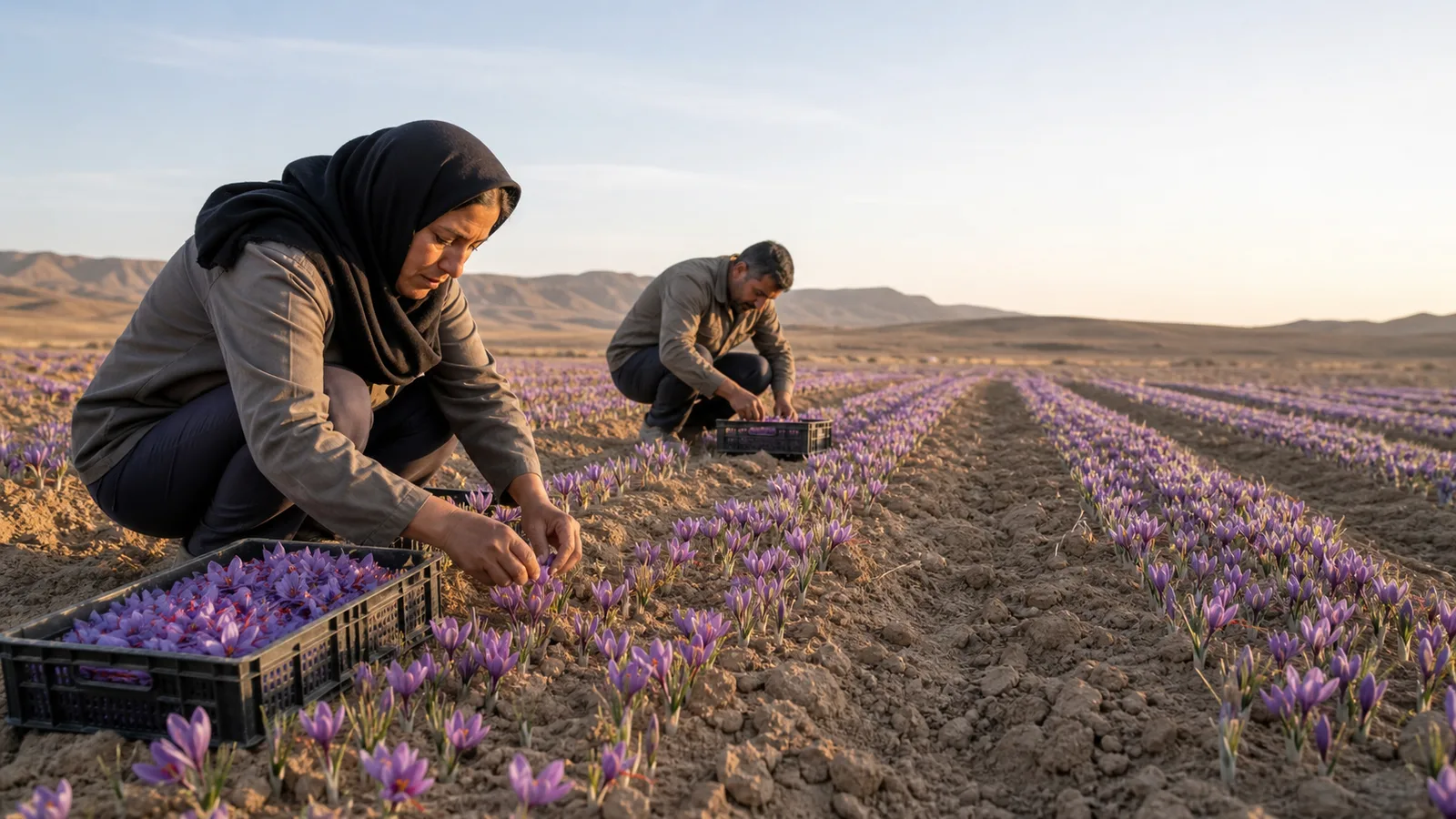 Workers harvesting purple saffron flowers in an arid field in Yazd province