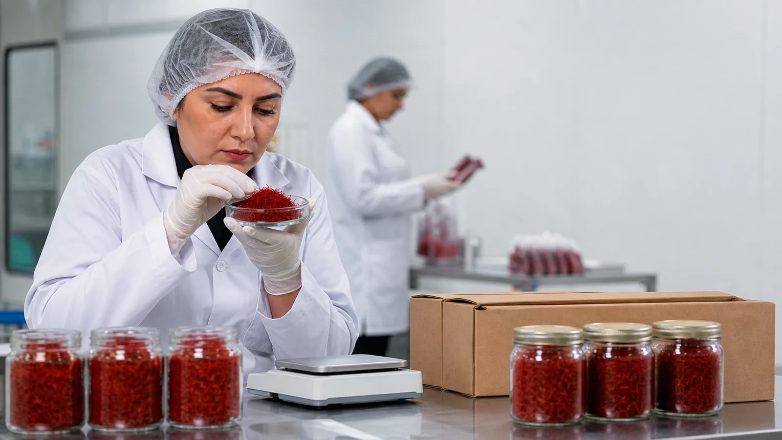Quality inspector checking packaged Iranian saffron in a modern export facility