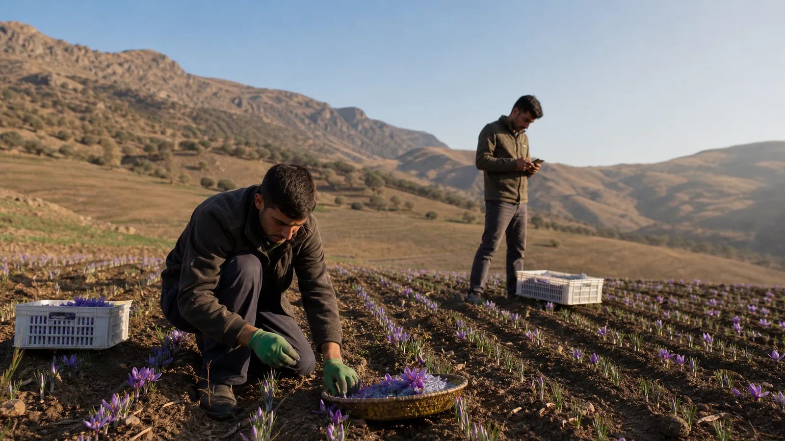 Lorestan farmers collecting saffron flowers beside the Zagros foothills