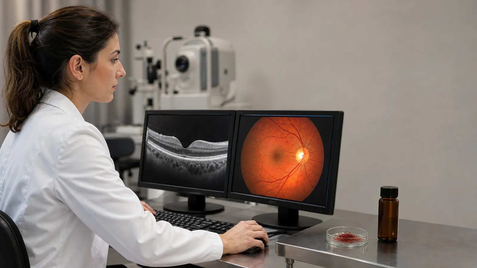 Eye researcher reviewing a retinal scan beside a small saffron sample