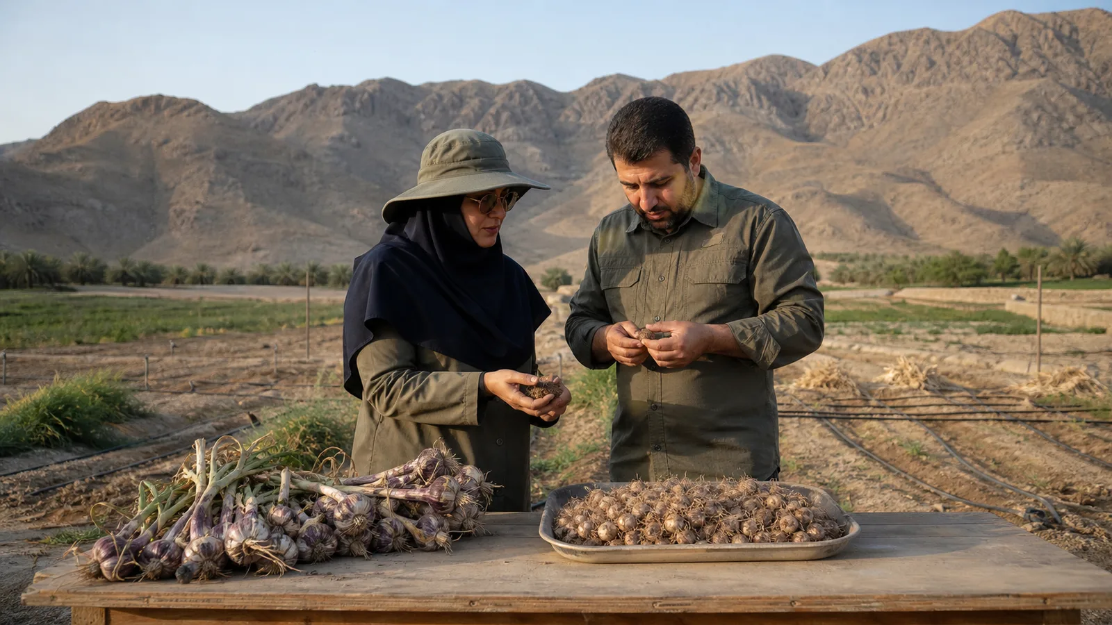 Garlic bulbs and saffron corms being assessed on a Bashagard farm