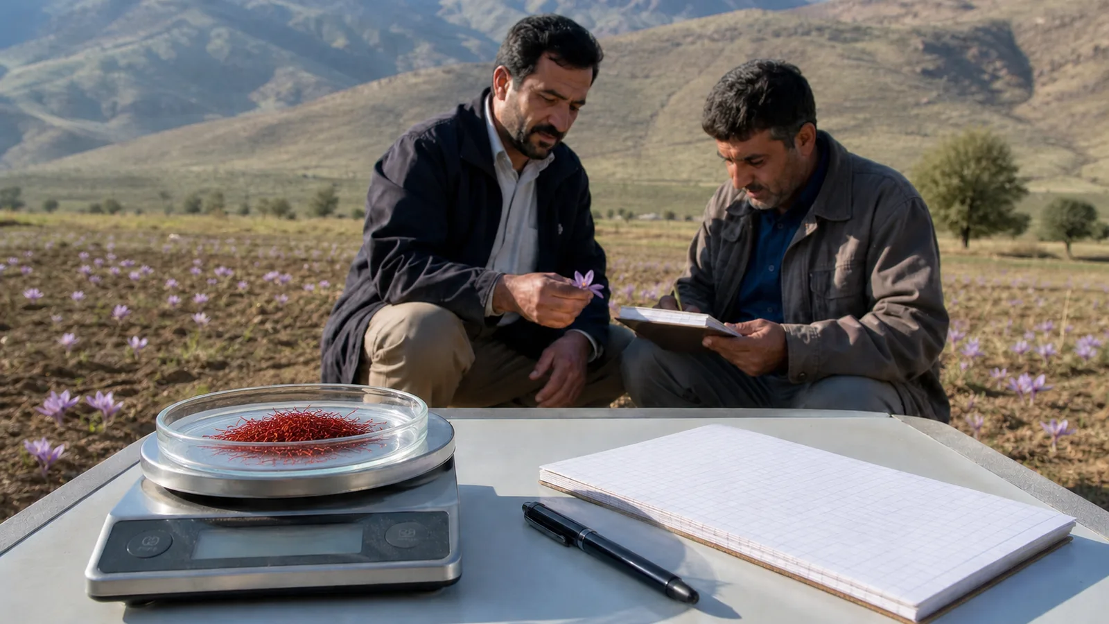 Saffron growers weighing a dried harvest beside a field in Islamabad-e Gharb