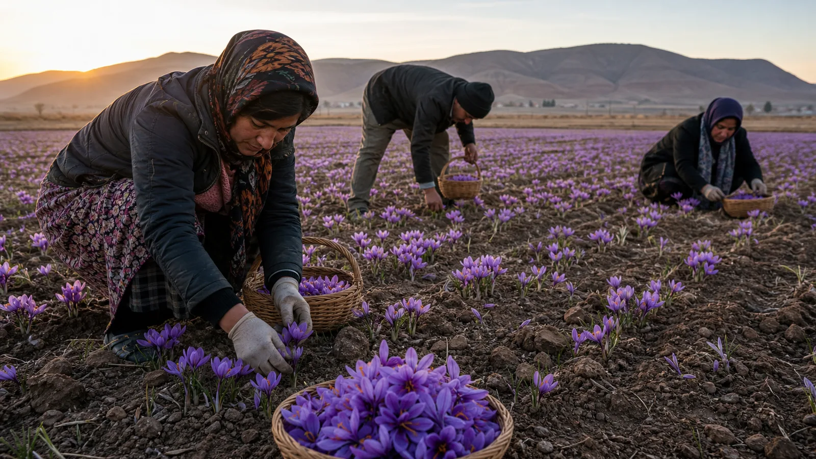 Saffron harvest in an Iranian field in the Khorasan region