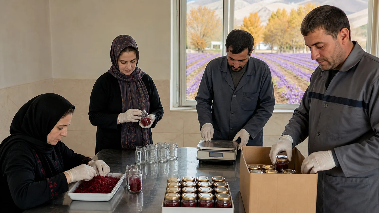 A rural saffron cooperative weighing and packing a harvest in Iran