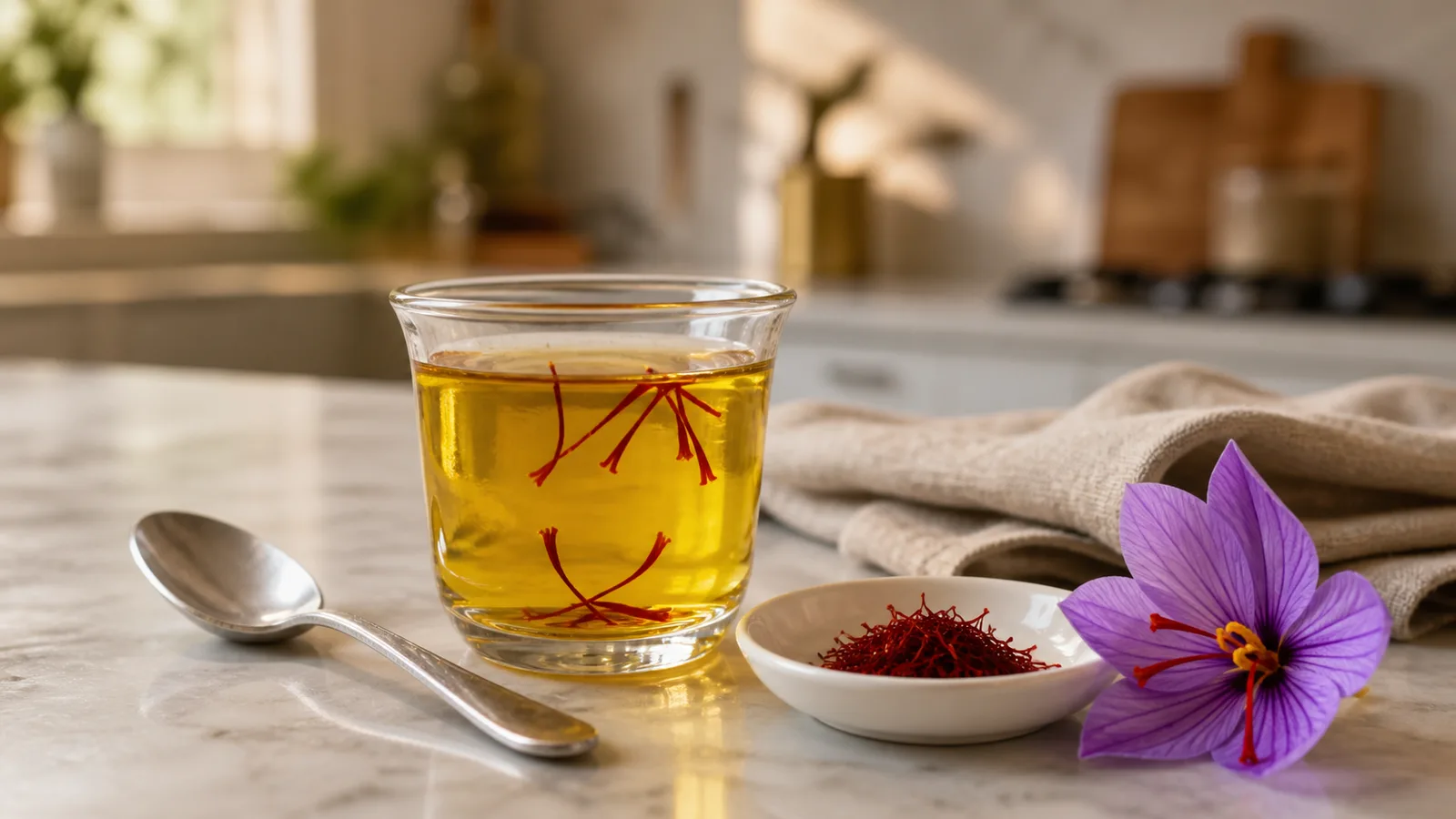 Pure Iranian saffron threads and a freshly prepared saffron infusion