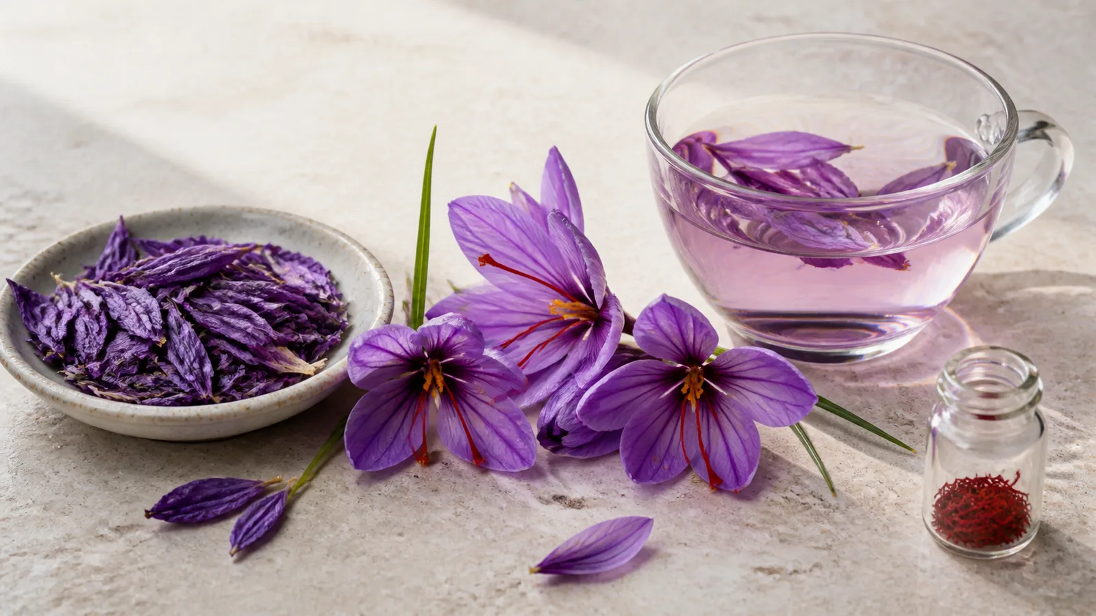 Fresh and dried saffron petals prepared for a floral infusion