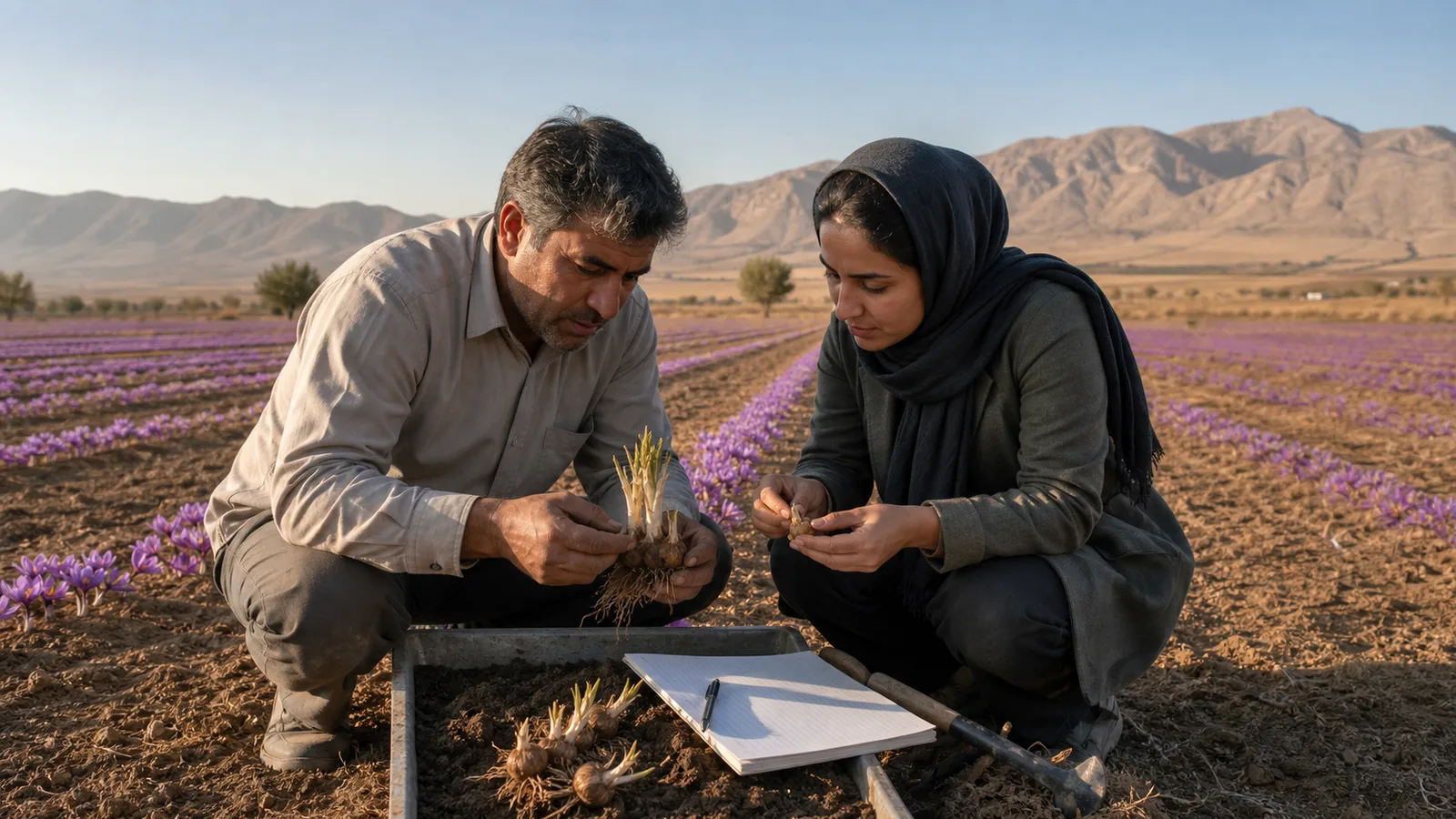 An agronomist and saffron grower inspecting corms and field records in Iran