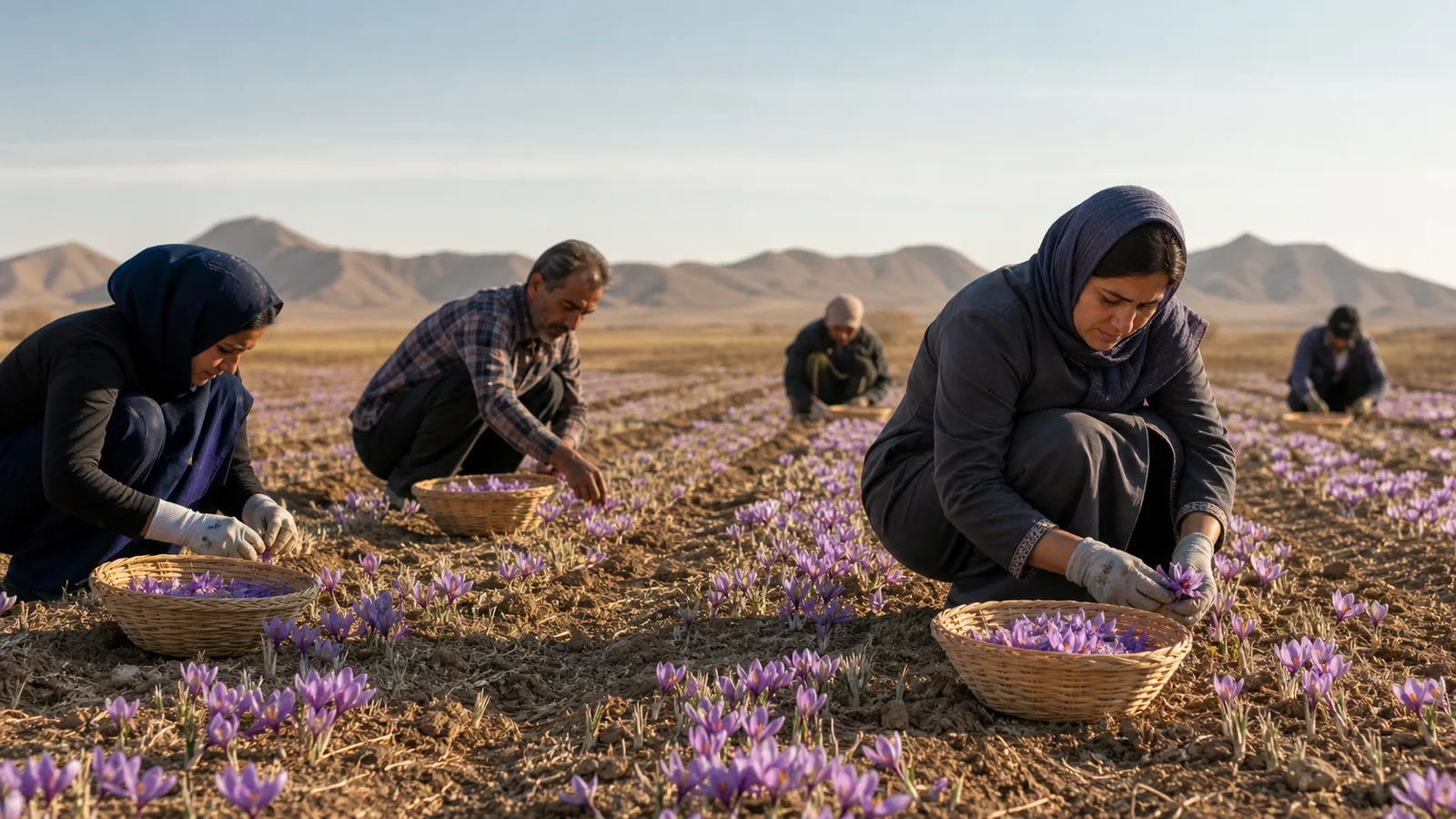 Saffron growers harvesting purple crocus flowers in Bahabad, Yazd Province