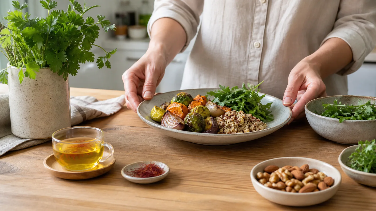 A balanced meal with a small cup of saffron infusion on a modern kitchen table