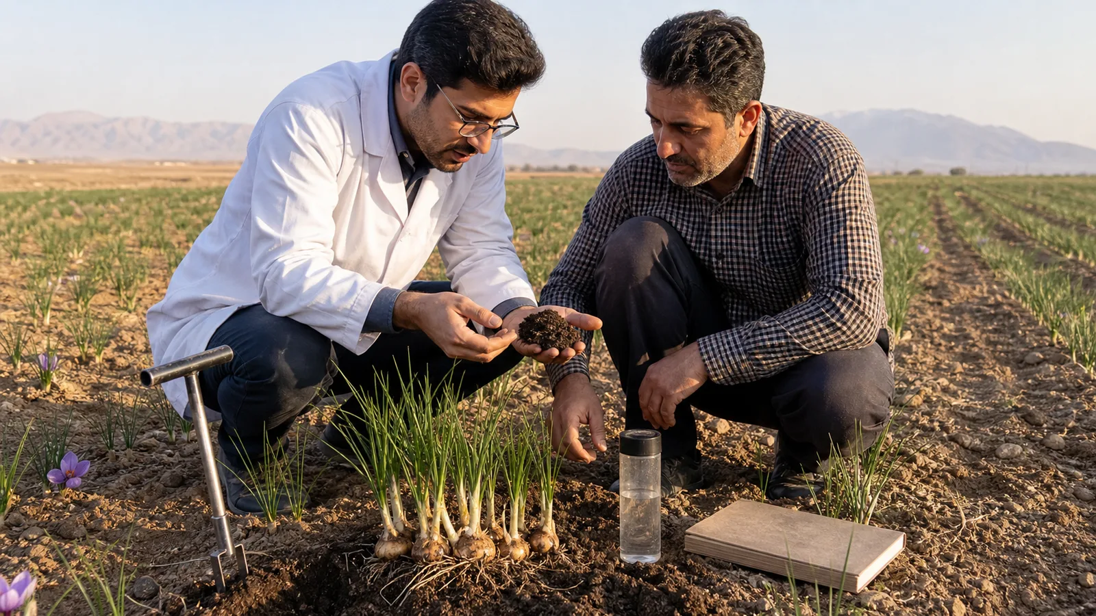 An agronomist examining a soil sample and healthy saffron corms in an Iranian field