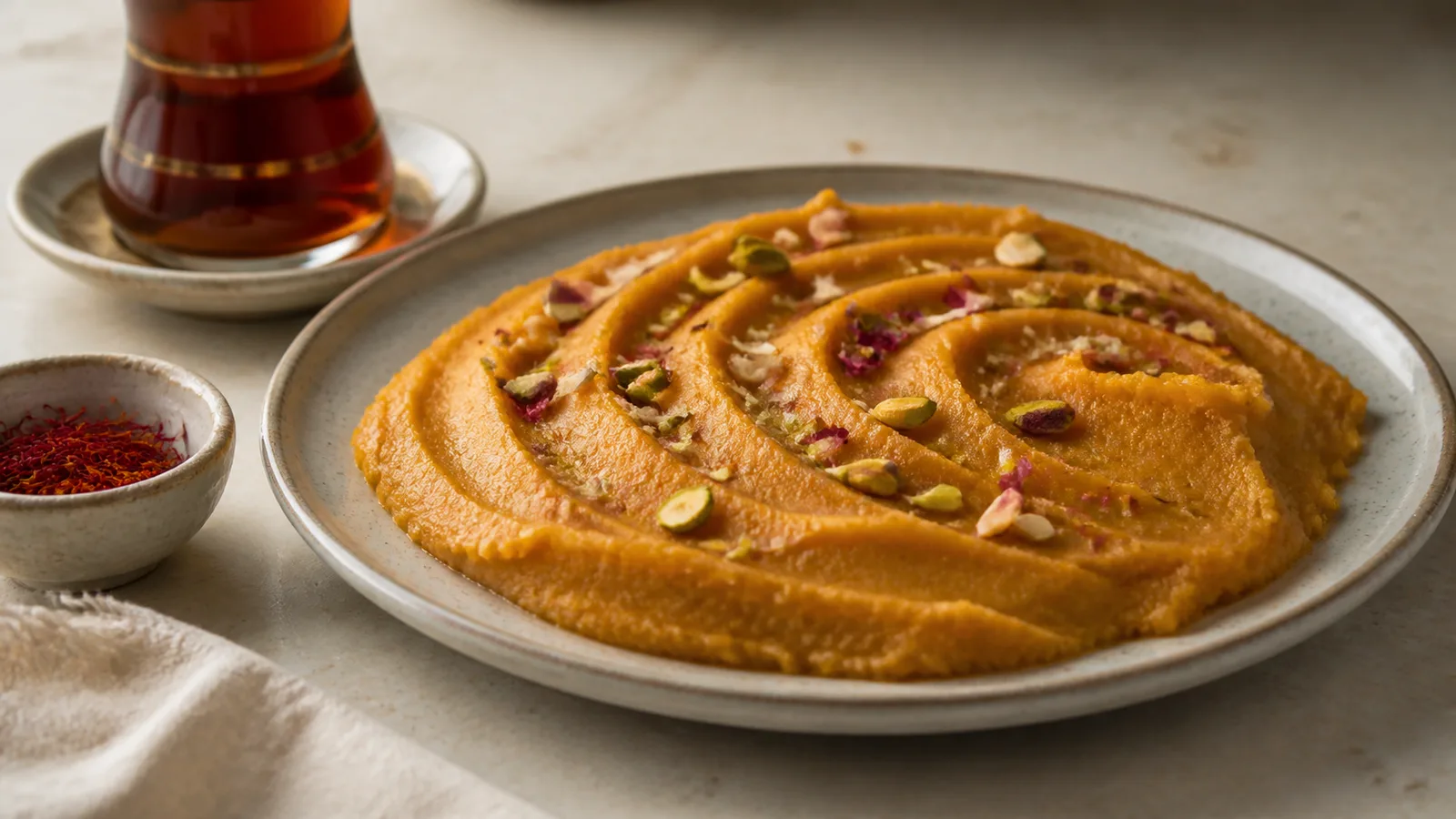 Authentic Iranian saffron halva decorated with pistachios and rose petals
