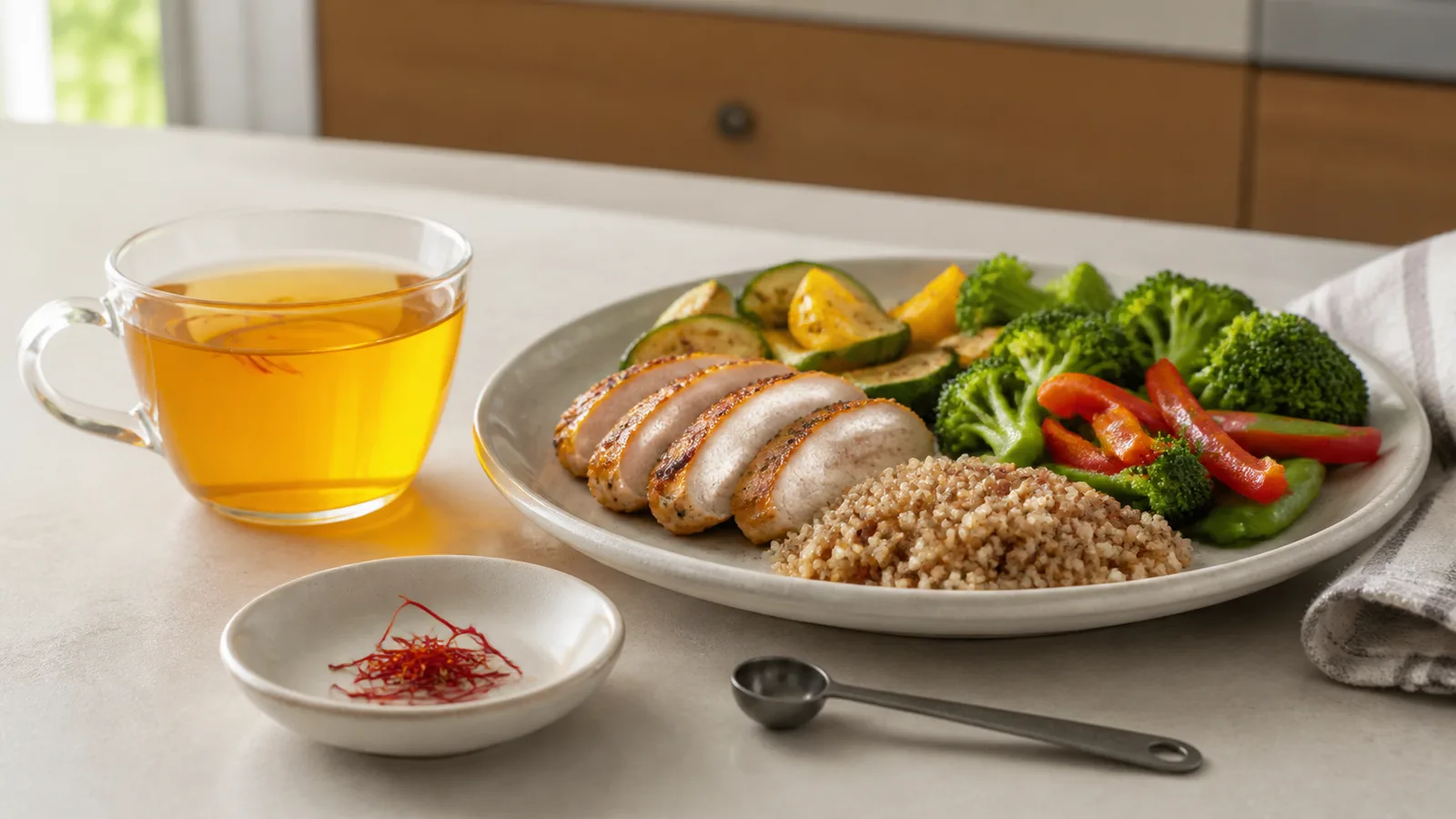 Pure saffron threads beside an unsweetened infusion and a balanced meal