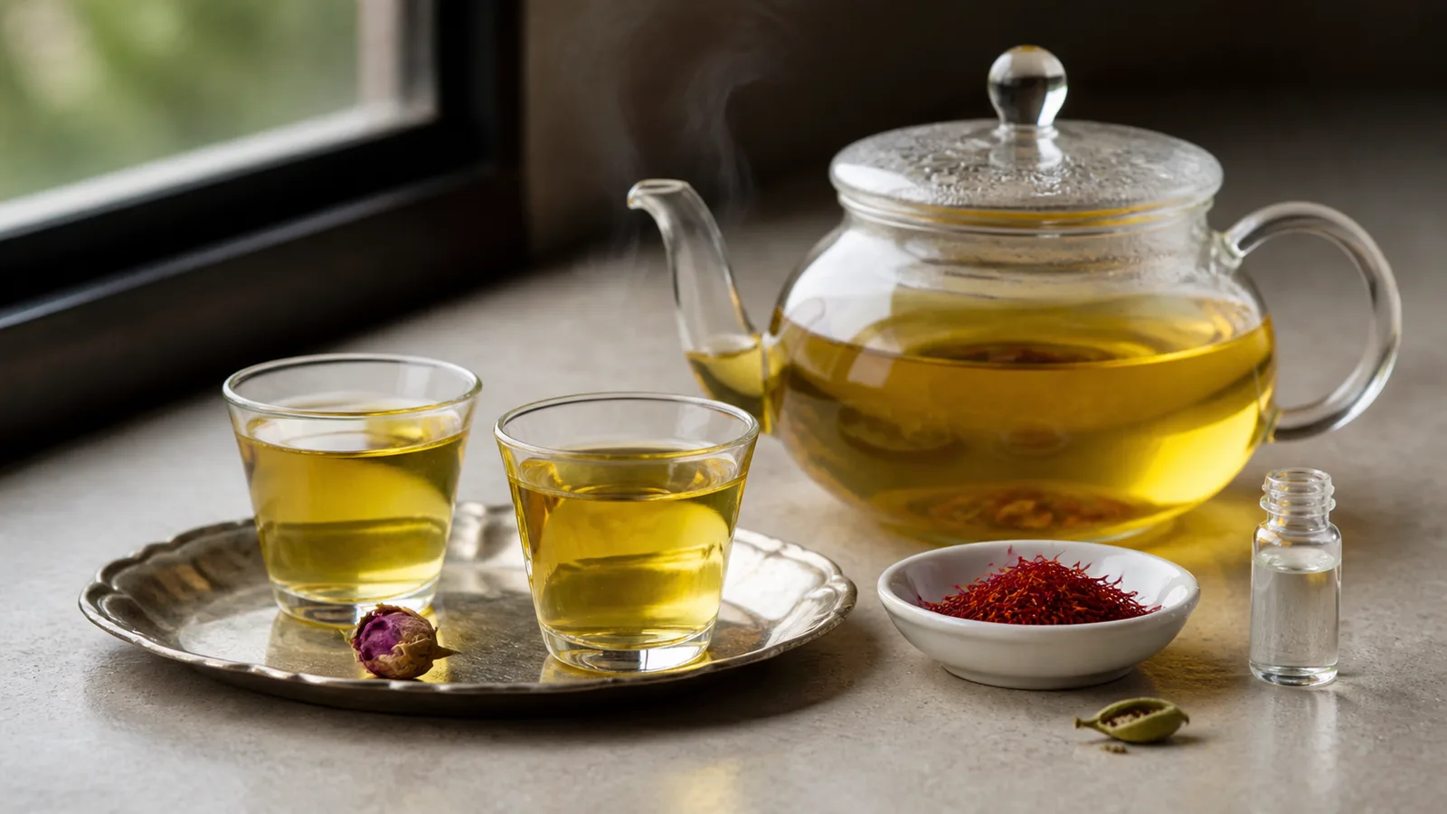 Golden saffron herbal tea with real threads, cardamom and rosewater