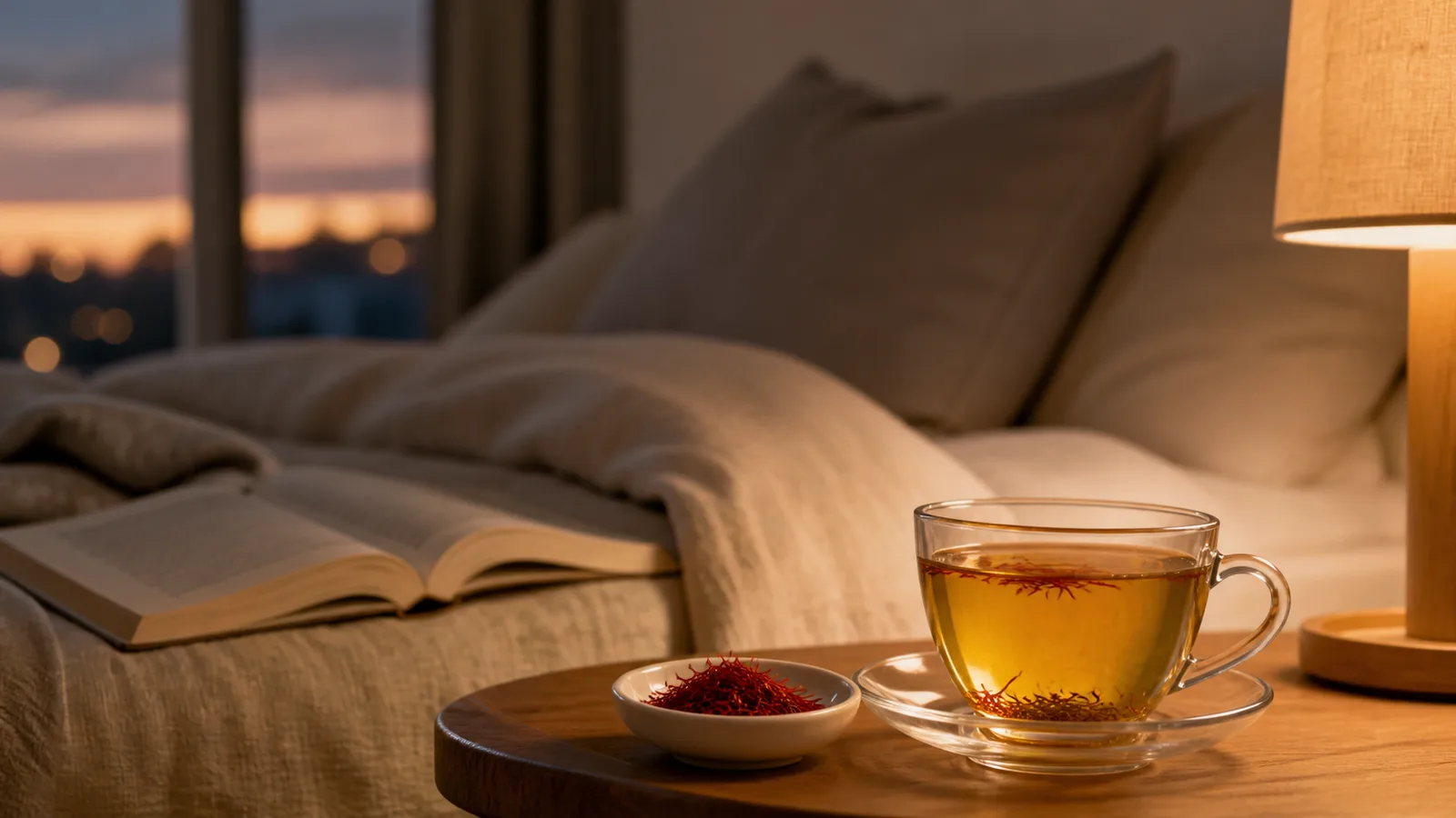 Saffron infusion and threads beside a book in a calm evening bedroom