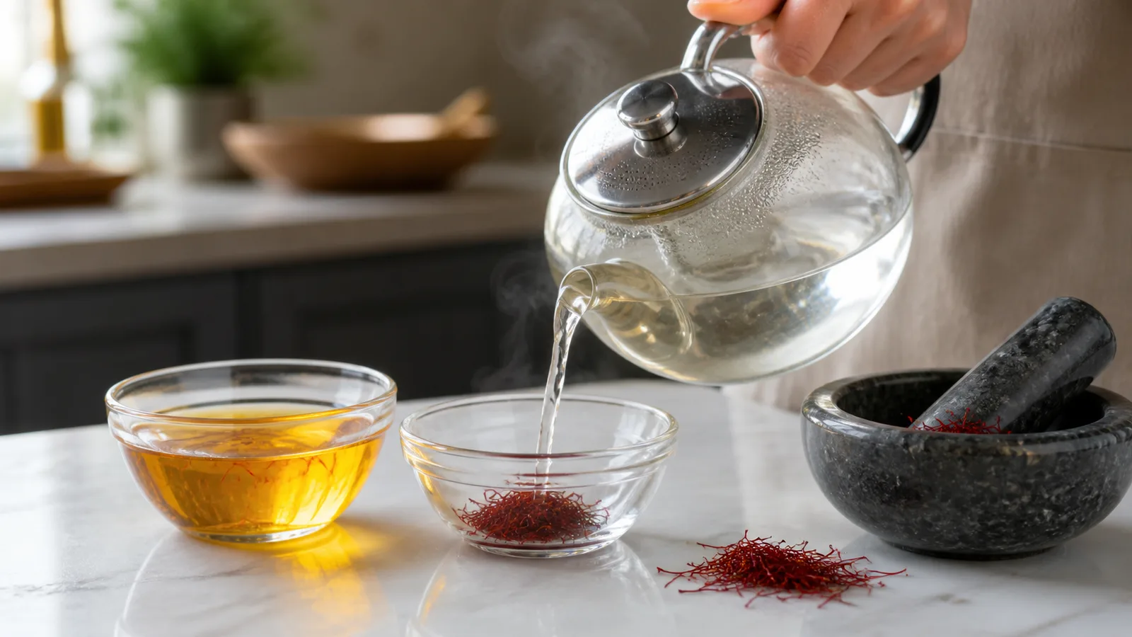 Hot water being poured over saffron threads beside a golden infusion