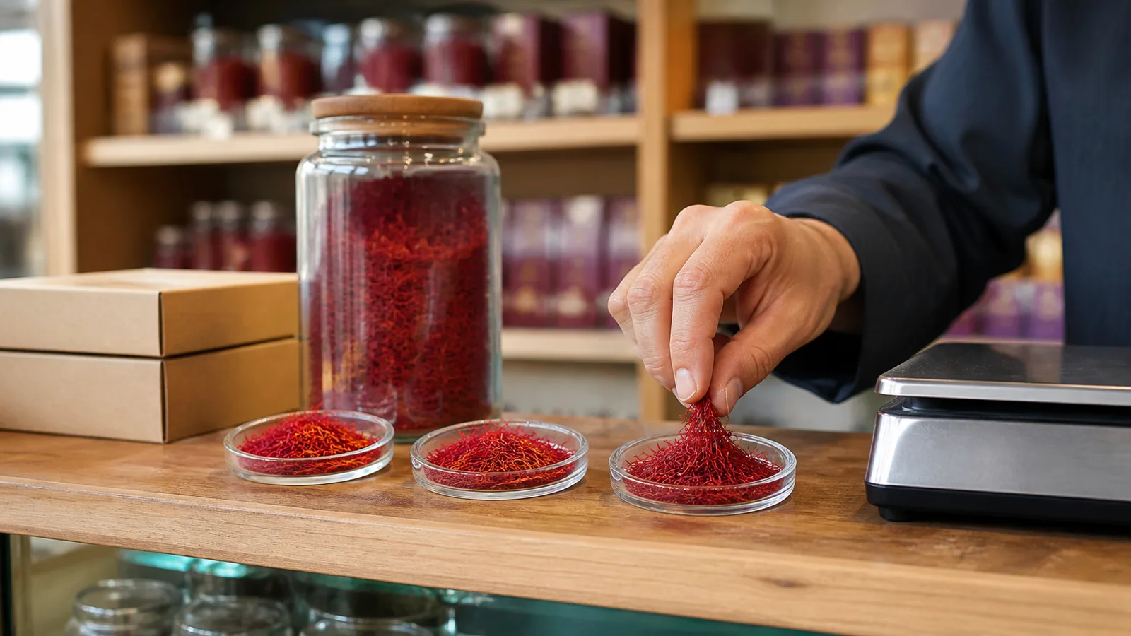 Buyer comparing three dishes of saffron threads beside a scale