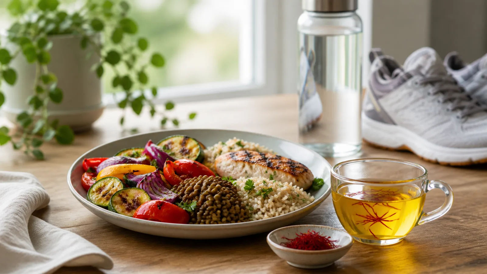 Balanced meal with saffron infusion, threads, water and walking shoes