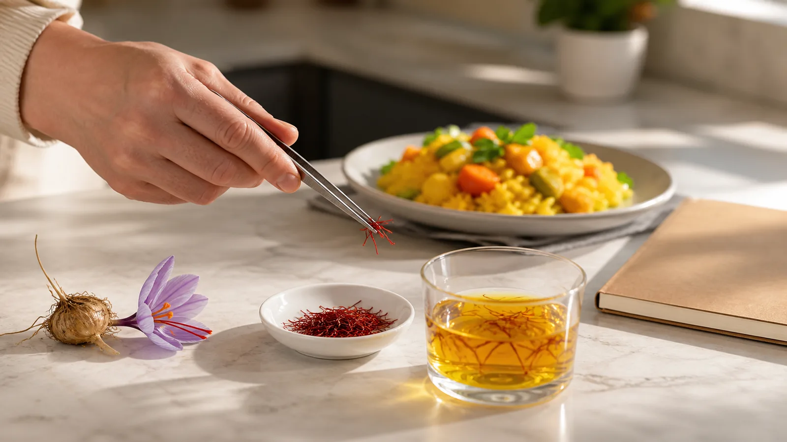 Saffron threads, golden infusion, crocus and a balanced meal