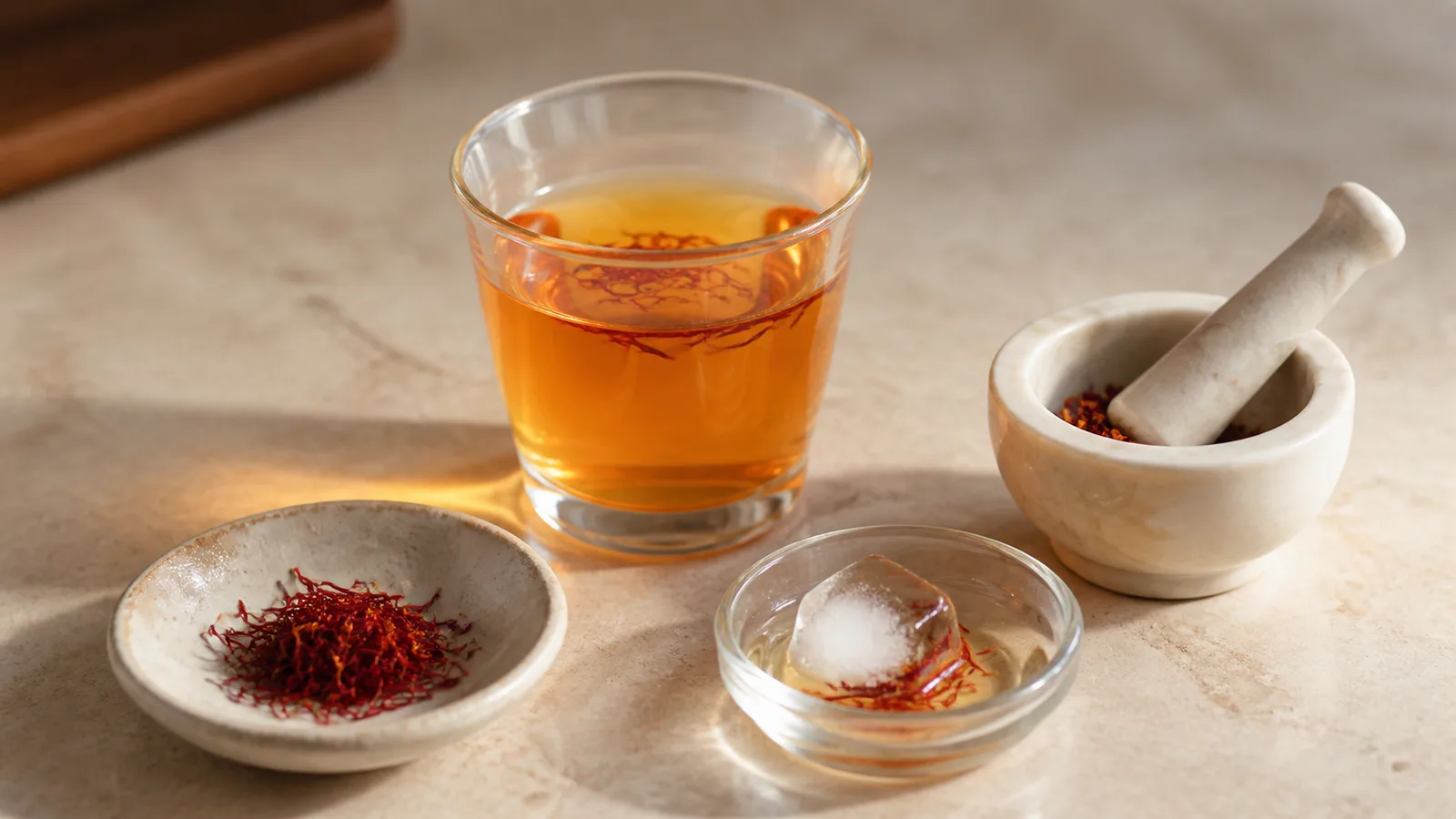 Ground saffron threads blooming in warm water beside a bowl of whole saffron threads