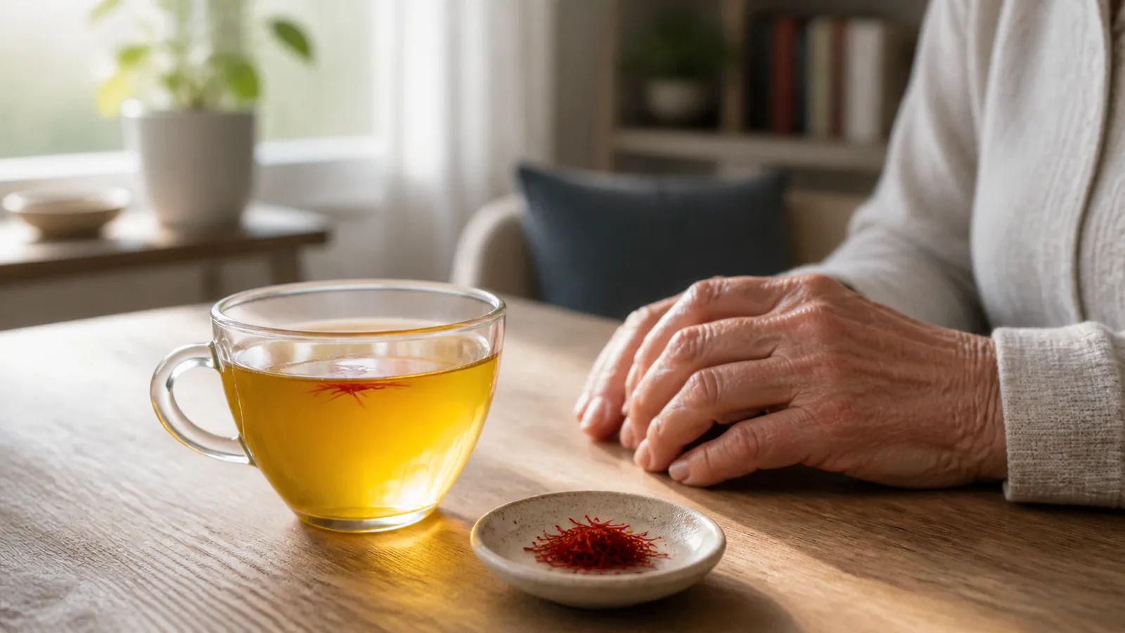 A warm cup of saffron tea beside saffron threads on a calm wooden table