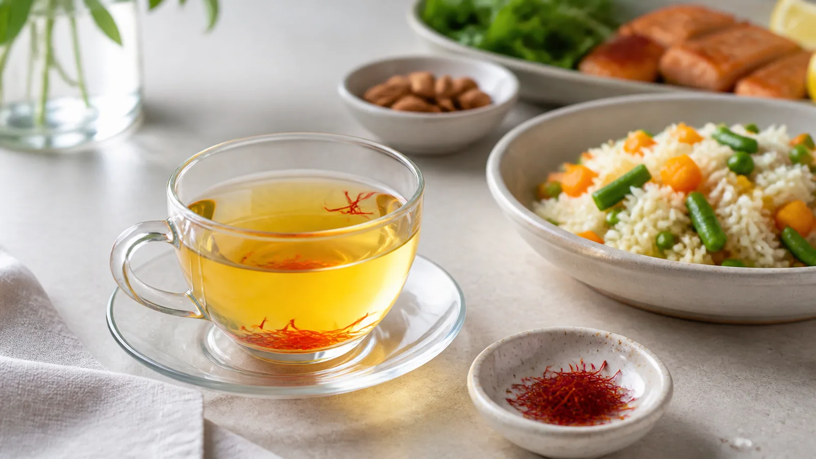 Saffron tea and saffron threads beside a simple healthy meal