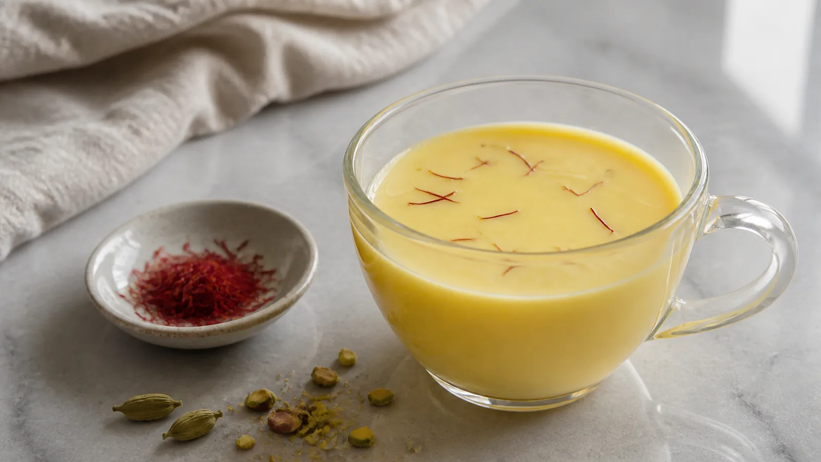 Warm saffron milk with cardamom, pistachios, and saffron threads