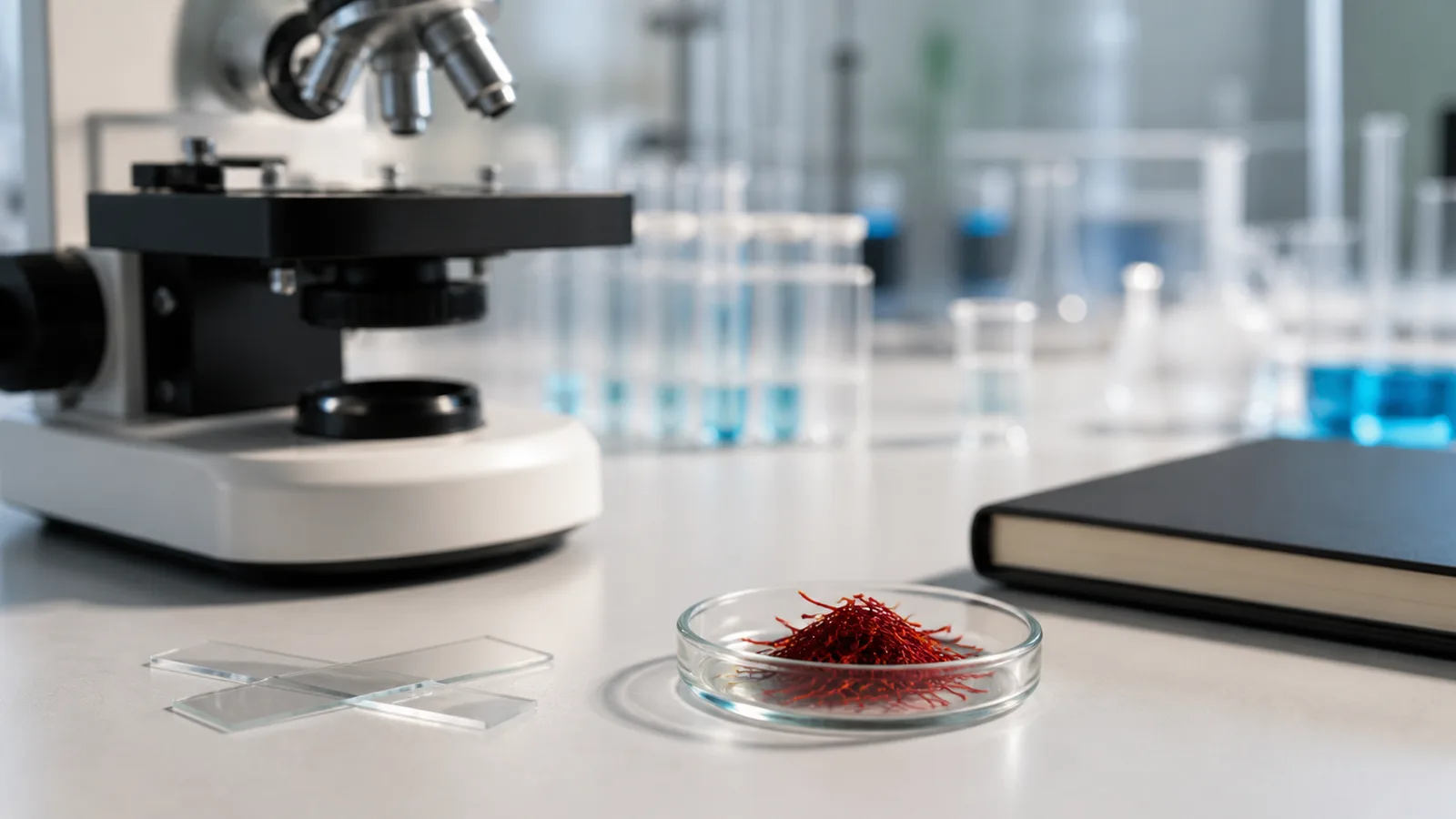 Saffron threads beside microscope slides on a modern research bench