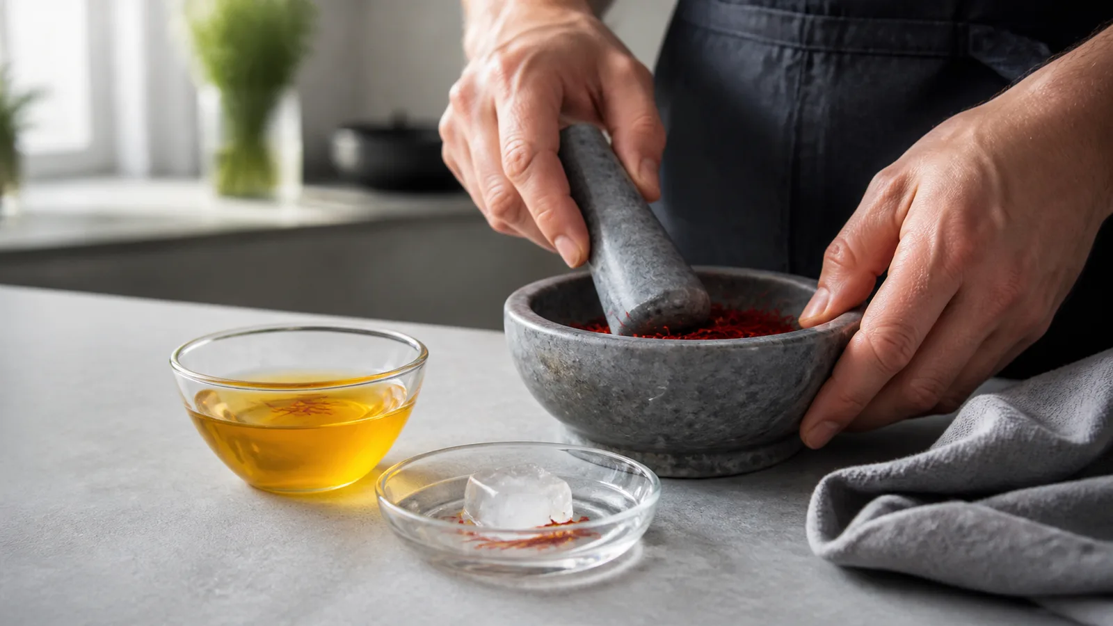 A cook grinding saffron threads beside a warm saffron infusion
