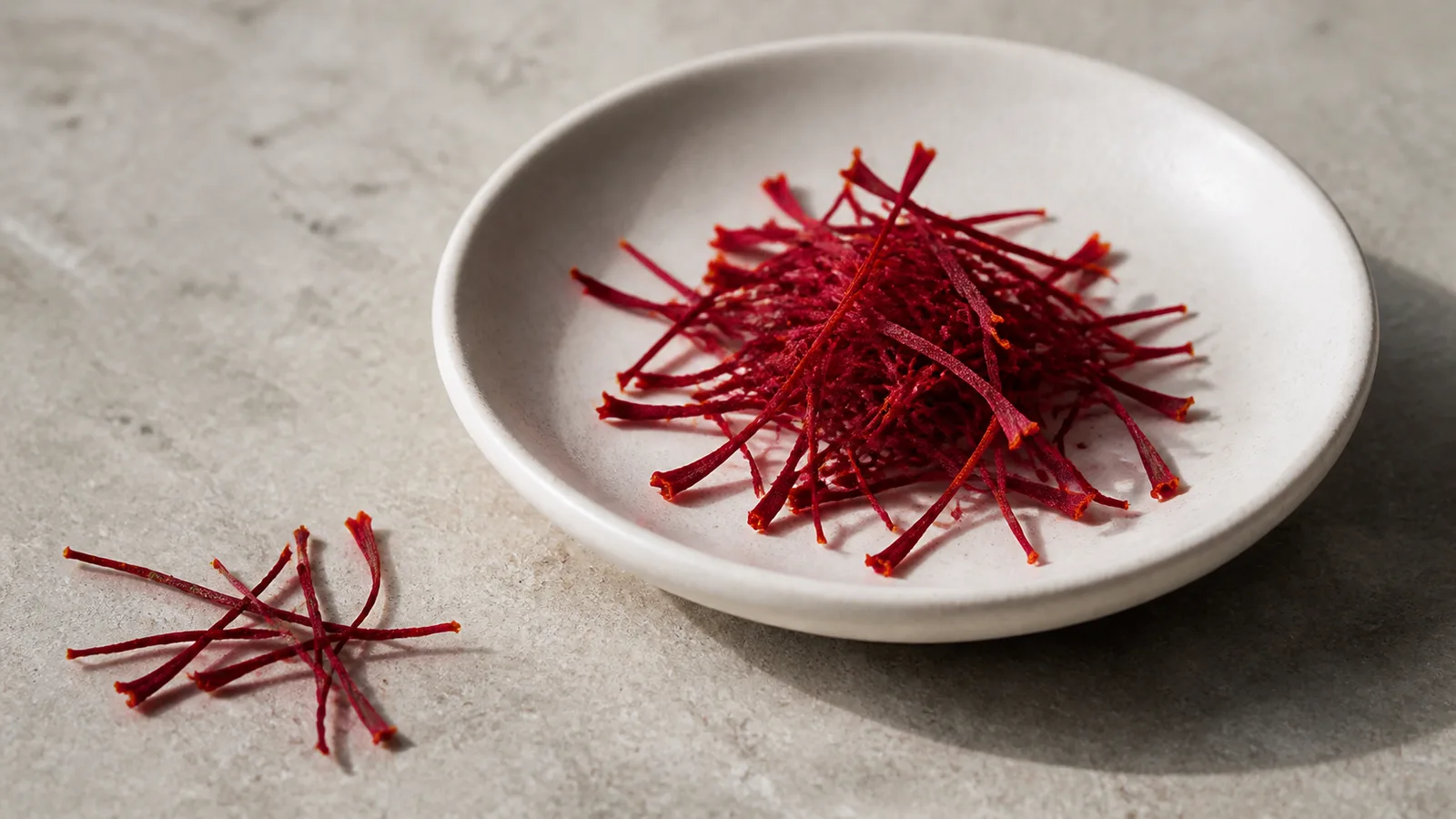 Long red Negin saffron threads arranged beside a small ceramic dish