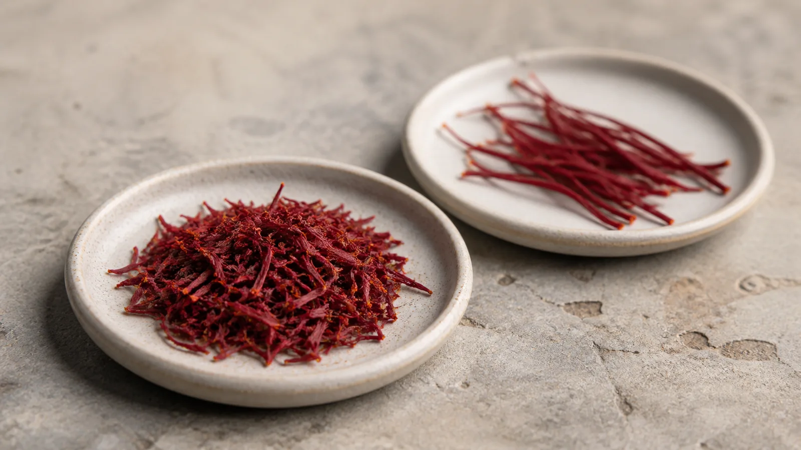 Red Sargol saffron strands in a small dish beside longer Negin threads