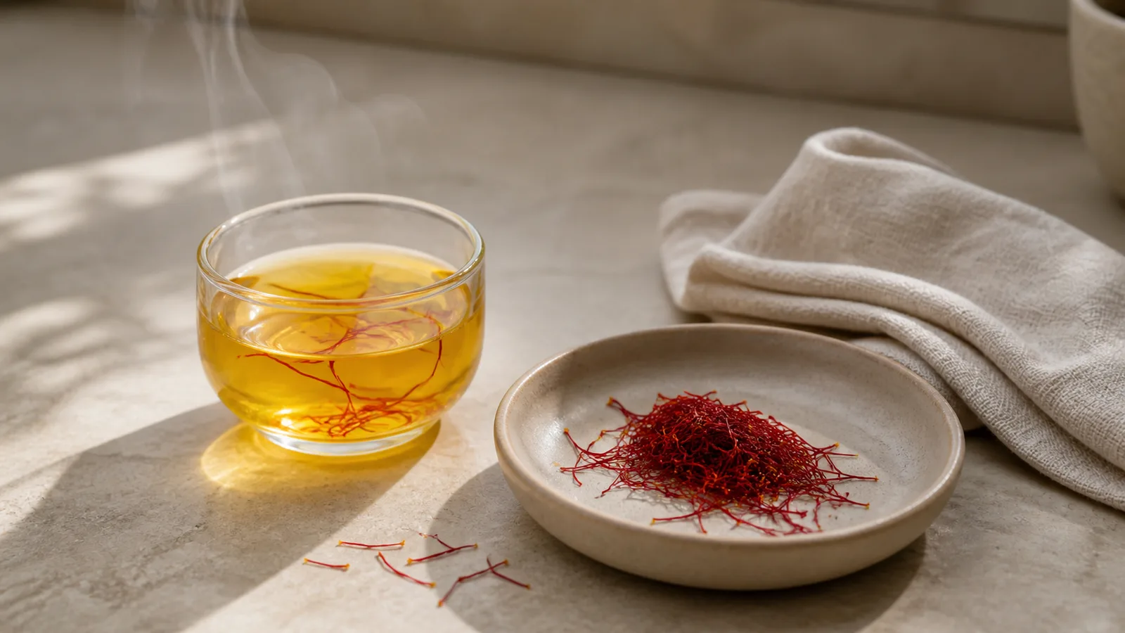 Saffron threads beside a small cup of golden saffron infusion