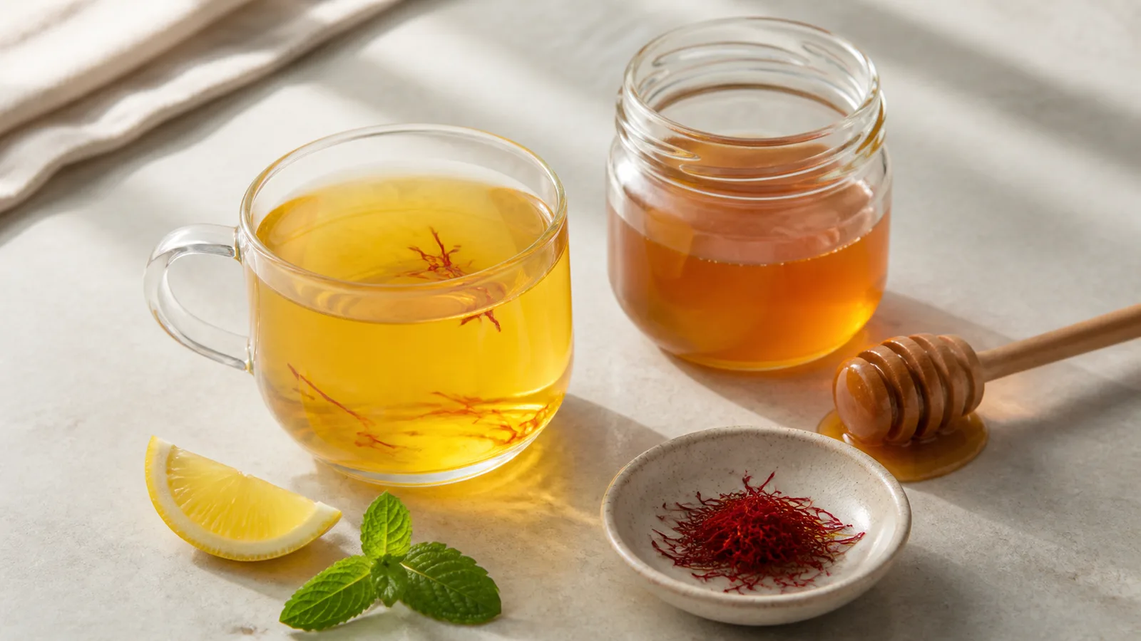 Saffron threads, honey, and a warm golden saffron drink