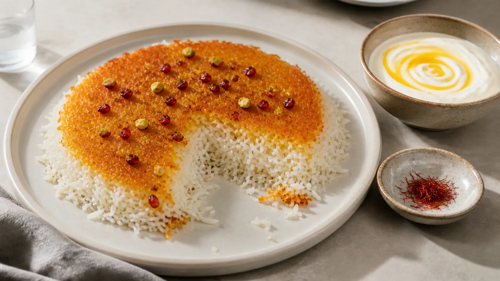 Golden saffron rice crust with yogurt served on a ceramic platter