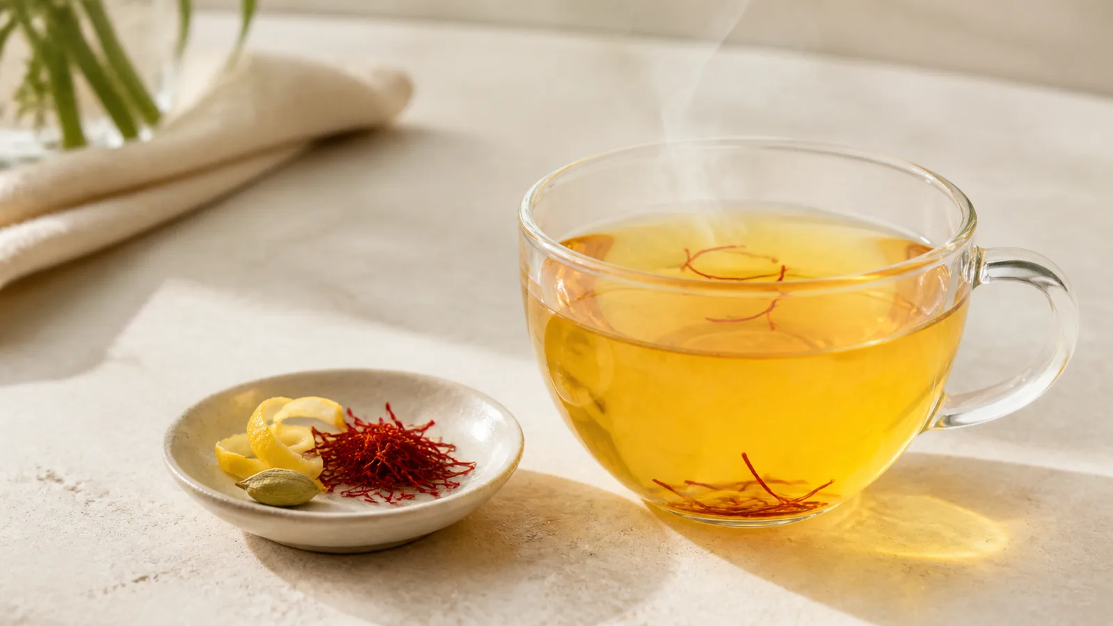 Clear glass cup of golden saffron tea with real saffron threads