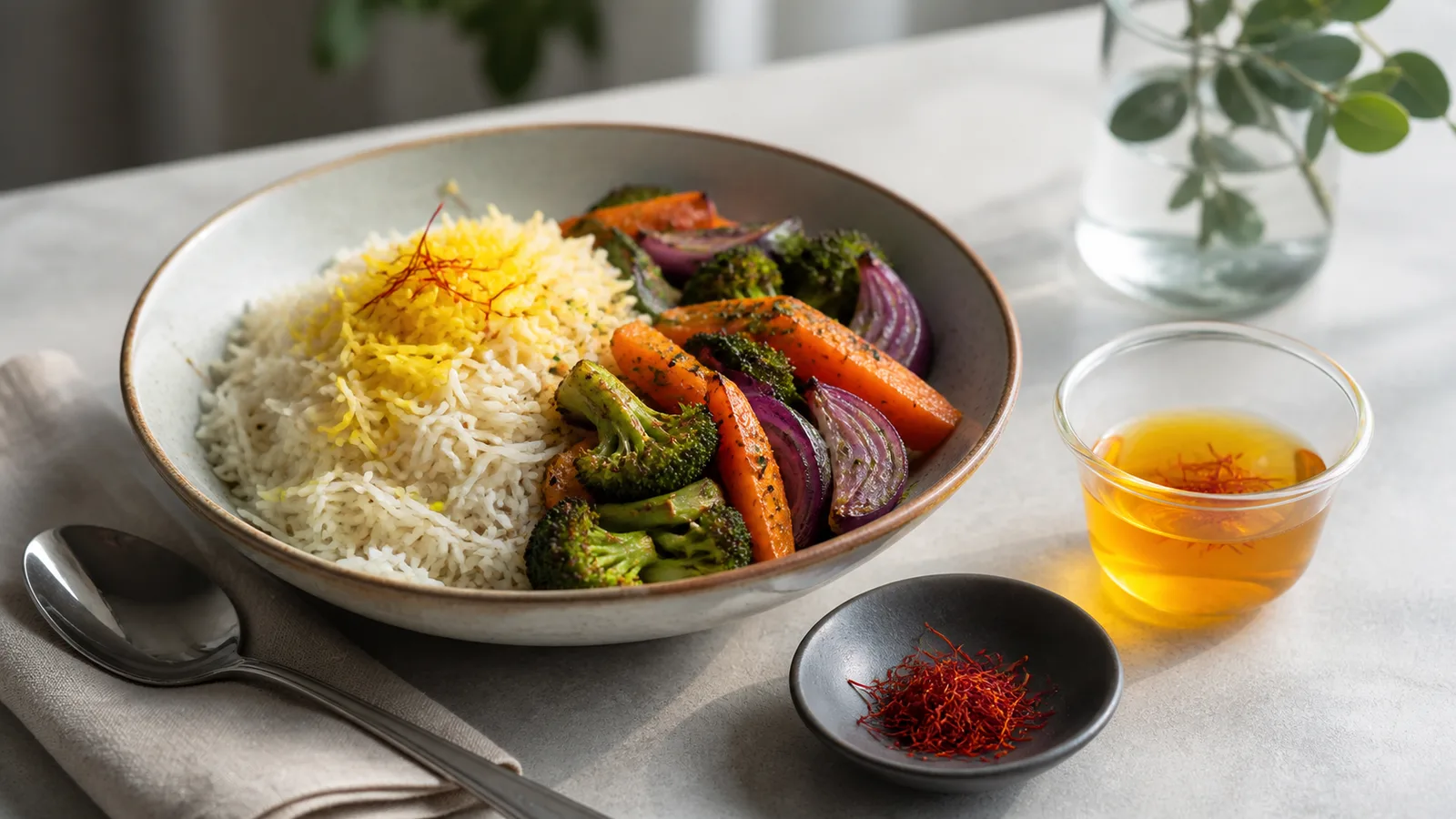 Real saffron threads beside a golden saffron infusion and a balanced meal
