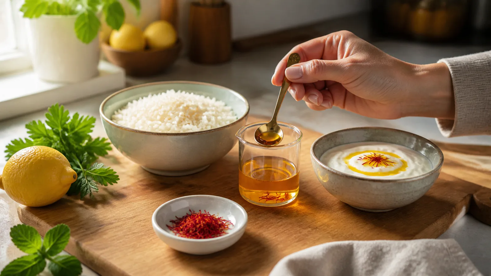 Saffron threads and golden infusion prepared in a modern home kitchen